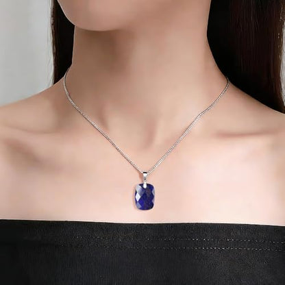iSTONE 925 Sterling Silver Natural Crytral for Womens Pendant Necklace, Gemstone Birthstone with 17.8" Silver Chain Ladies - color: Rectangle - Lapis Lazuli