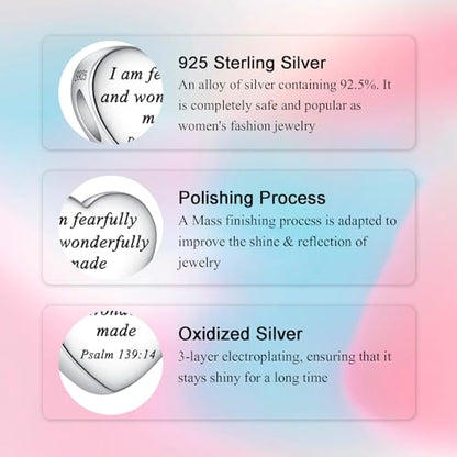 Bible Family Mom Wife Love Heart Dangle Charm 925 Sterling Silver Charms fits Bracelets and Necklace Pendant Bead Charms Jewelry Present for Women Family Friends - style: Bible - I am fearfully and wonderfully made charm