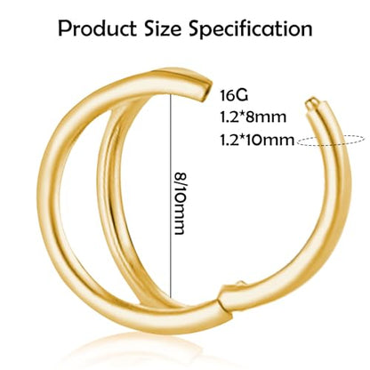 Titanium Septum Rings, Nose Rings Hoops for Women, Segment Nose Rings 16G 8mm/10mm Hypoallergenic Cartilage Conch Helix Rook Hoop Earrings - color: Double Stacked-Gold, size: 16 Gauge 8mm