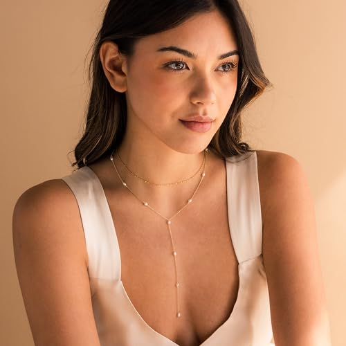 Lariat Gold Necklace for Women Dainty Long 14K Gold Plated Y-Shaped Body Chain Choker Necklace Trendy Non Tarnish Pendant Simple Layered Necklaces Gold Jewelry for Women Set Gift - color: Satellite Pearl