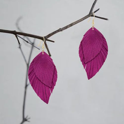 Genuine Leather Handmade Fringe Feather Lightweight Dangle Drop Earrings Teardrop Tassel Hook Earrings for Women - style: 7 Rose Red