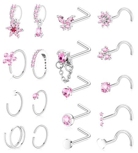 BSJ4U Gold Plated Silver Nose Rings for Women Men Stainless Steel Hypoallergenic Nose Piercing Jewelry 20G L Shaped Corkscrew Nose Rings Hoops Heart Butterfly Flower CZ Nose Studs - color: Silver Pink Nose Ring