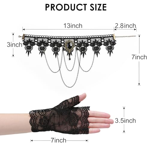 Black Lace Choker Necklace and Short Fingerless Gloves Women Gothic Vampire Witch Costume Accessories