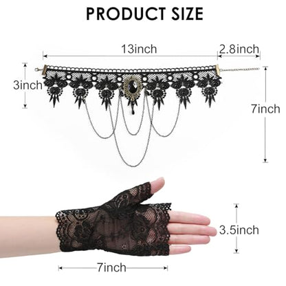 Black Lace Choker Necklace and Short Fingerless Gloves Women Gothic Vampire Witch Costume Accessories
