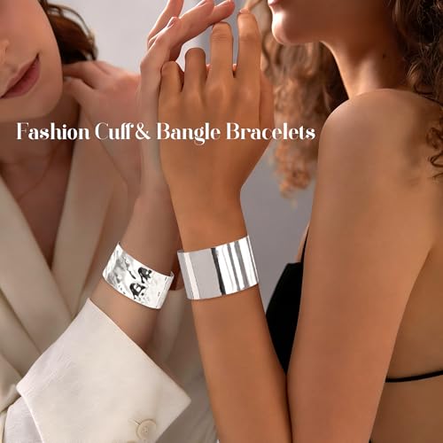 3PCS Chunky Cuff Bracelets for Women Irregular Minimalist Statement Bangle Bracelets Set Open Wide Wire Grooved Hammered Bangle Bracelet Gold Sliver Wrist Cuff Wrap Bracelet Adjustable - color: Silver Cuff Bracelets D