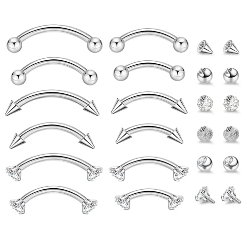 NICEIGHT 12Pcs 16G 18G Surgical Steel Eyebrow Piercing Jewelry for Women Men Small Curved Barbell Rings Vertical Labret Lip Jewelry Ear Rook Helix Daith Ring 6-12MM with 12Pcs Replacement Balls - color: Silver, size: 18G