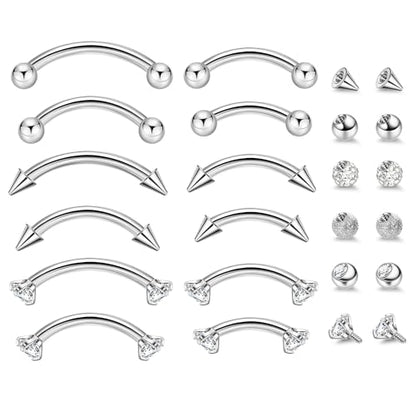 NICEIGHT 12Pcs 16G 18G Surgical Steel Eyebrow Piercing Jewelry for Women Men Small Curved Barbell Rings Vertical Labret Lip Jewelry Ear Rook Helix Daith Ring 6-12MM with 12Pcs Replacement Balls - color: Silver, size: 18G