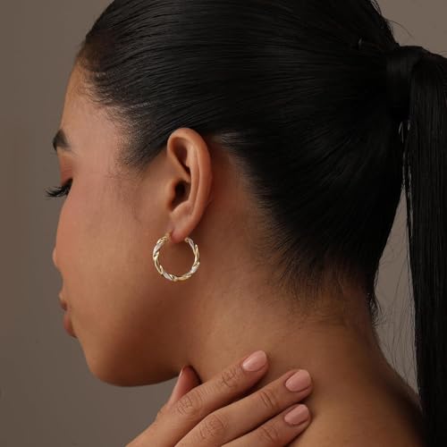 LeCalla Real 925 Sterling Silver Textured Two-Tone Three-Tone 14K Gold Plated Lightweight Italian Design Hoop Earrings for Women Diameter 25,30,40,45,50mm - color: Textured Small with Customized Box