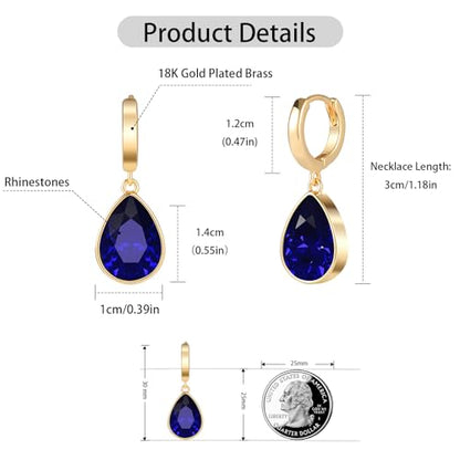 Crystals Teardrop Dangle Drop Earrings, 18K Gold Plated Hoop Earrings Zirconia Jewelry for Women Gifts - color: Navy blue