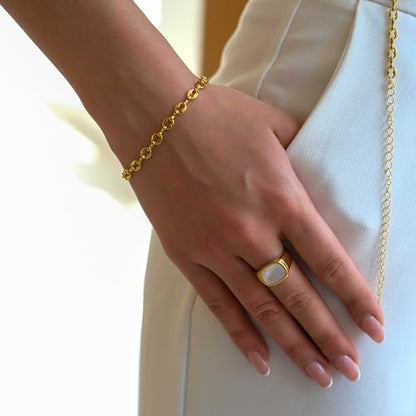 18K Gold Plated Women's Starburst Signet Ring - Minimalist Mother of Pearl Statement Piece - color: Mother of Pearl Square Ring