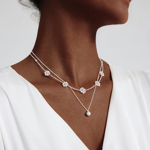 LULII Pearl Necklaces for Women 14K Gold Plated Dainty Layered Single Pearl Necklace Simple Daisy Pearls Choker Cute Gold Necklace Stack Jewelry Sets for Women Trendy Gifts - color: Silver-Layered Daisy Pearl