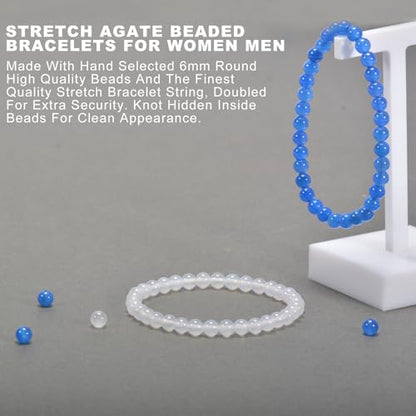 2PCS Agate Bracelet for Women Men Natural Round Beaded Agates Stone Healing Stretch Bracelets Elastic Handmade Polished Gemstone Beads Bracelet - color: White+Blue, size: 6mm Beads