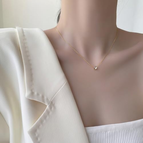 Titanium Steel Cubic Zirconia Pendant Necklace for Women, 1 Piece 16"+2" Adjustable Hypoallergenic Non-Tarnish Dainty Rolo Chain, Minimalist Sparkly Everyday Solitaire Necklace - color: Silver