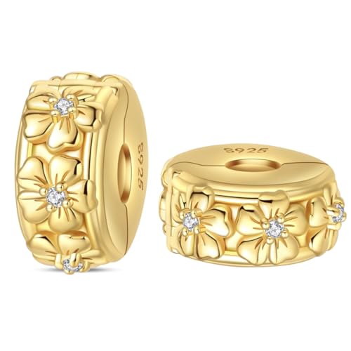 925 Sterling Silver Stopper Clip Charms for Bracelet Necklace Spacer Beads with 5A Cubic Zirconia Mother's Day Christmas DIY Gift for Women(2PCS) - style: Gold Flower Fixing Clip
