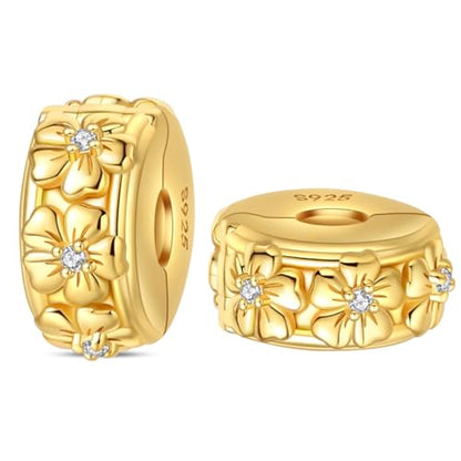 925 Sterling Silver Stopper Clip Charms for Bracelet Necklace Spacer Beads with 5A Cubic Zirconia Mother's Day Christmas DIY Gift for Women(2PCS) - style: Gold Flower Fixing Clip