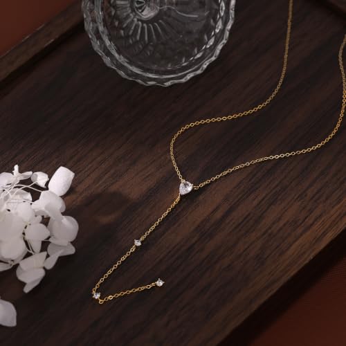 Long Necklaces for Women, Cute 14K Gold Plated CZ Drop Necklace | Dainty Gold Necklace, Simple CZ Teardrop Clover Y Shaped Lariat Necklace,Statement Non Tarnish Necklace, Trendy Gold Jewelry - color: Gold-Drop 1