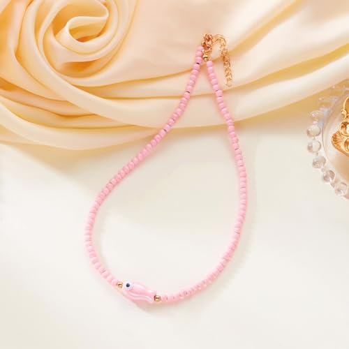 Seed Bead Choker Necklace for Women Bohemian Tiny Beads Choker Colorful Rice Bead Starfish Choker Summer Surfer Beach Necklace Jewelry Gift - color: D-Pink Fish