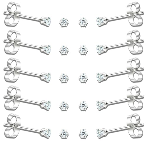 10 Pairs Small Stud Earrings for Women – Hypoallergenic Stainless Steel Tiny Earrings for Sensitive Ears, Cubic Zirconia Simulated Diamond Stud Earrings - style: 2mm-10 pairs-silver