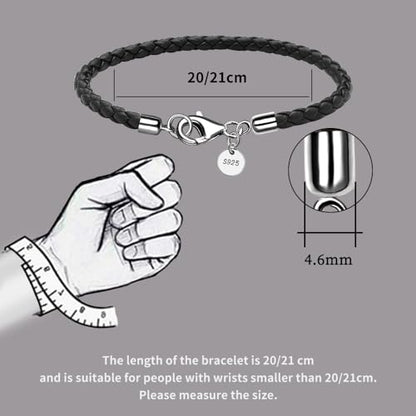 Leather Bracelet for Men Women 4MM Braided 925 silver Clasp 20/21/22cm with Jewelry Gift Box Handcrafted - color: Black, size: 8.2''