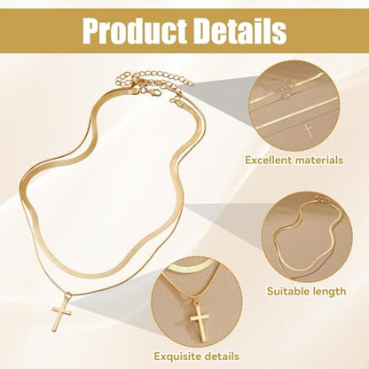 Double Layered Cross Necklace for Women Men, Herringbone Snake Chain and Box Chain Stack, Dainty Minimalist Pendant Jewelry for Daily Wear Celebration Events