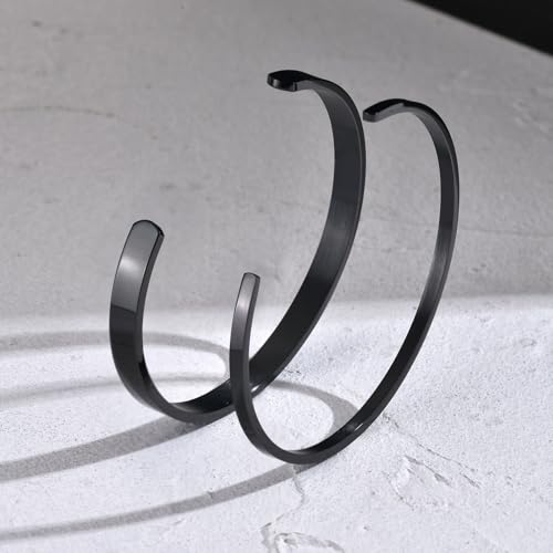 Stainless Steel Mens Cuff Bracelet : Minimal Cool Silver/Black/Gold Plated Open Metal Cuff Bangle Bracelets for Men,Mens Bracelet Jewelry Gift - color: Black-2-Pack, size: Medium( fit 5.5"-7.2" wrist)