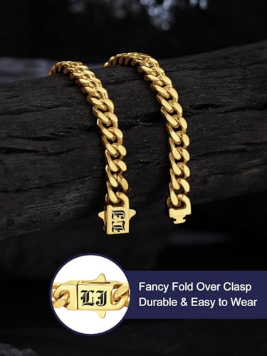 Bandmax Mens Hip Hop Cuban Link Bracelets 5/7/9/12MM Stainless Steel Miami Curb Chain Bracelet Silver/Gold Plated/Black Wristlet Chains for Men 7"-9" - color: 15 5MM Gold-Custom
