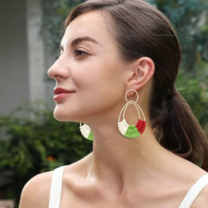 Raffia Hoop Earrings for Women Fun Boho Summer Beach Earrings Lightweight Handmade Straw Wicker Rattan Dangle Earrings Statement Geometric Round Drop Earrings - color: Christmas - Teardrop