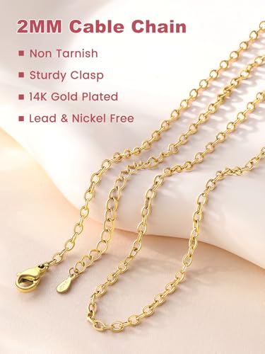 FOCALOOK Womens Chain Necklace, 1/1.4/2mm Thin Cable Link Necklace Chain | Hypoallergenic 316L Stainless Steel, Non Tarnish, Sturdy Chain for Pendants, 14K Gold Plated/Silver/Rose Gold/Black, 14-30" - color: 2mm 14K Gold Plated, size: 26 Inch