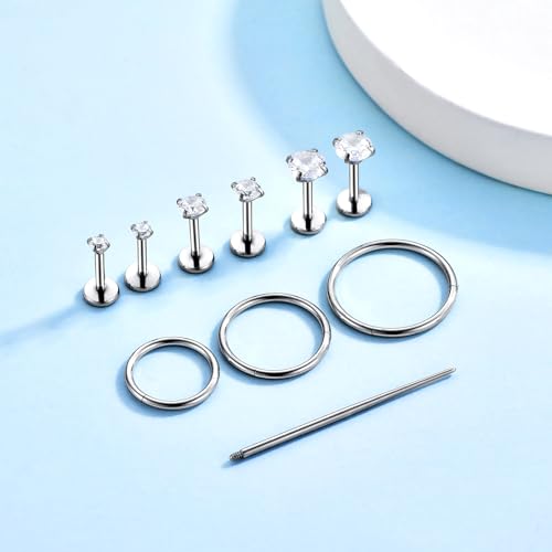 16G 18G Surgical Steel Internal Thread Stud Piercing Jewelry Set Nose Medusa Lip Labret Stud Hypoallergenic Clicker Hoop Septum Rings Cartilage Tragus Helix Conch Earrings for Women Men - color: 18G-10mm-silver