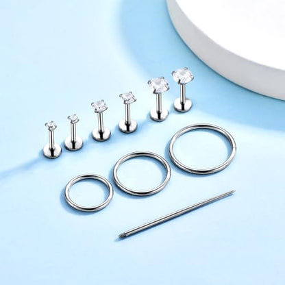 16G 18G Surgical Steel Internal Thread Stud Piercing Jewelry Set Nose Medusa Lip Labret Stud Hypoallergenic Clicker Hoop Septum Rings Cartilage Tragus Helix Conch Earrings for Women Men - color: 18G-8mm-silver