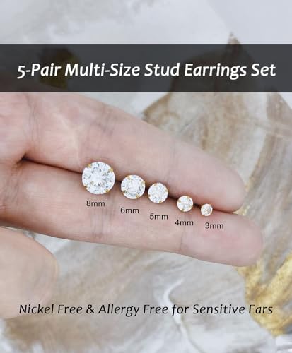 Stainless Steel Stud and Hoop Earrings Sets for Ear Stacks | Choose gold or silver pearl studs, CZ studs, flat backs, butterfly backs, hoops and multi-pair ear stack sets. - color: 5 Pairs 20G Gold