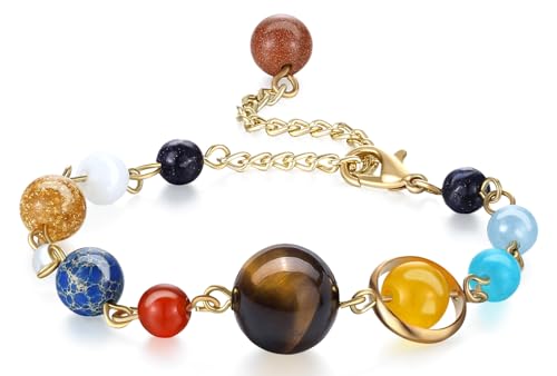 Fesciory Solar System Bracelet for Women, Universe Galaxy Beaded Jewelry | Natural Stone Beads, Universe Galaxy Design, Guardian Star Charm, Adjustable Fit, Birthday & Astronomy Planet Gifts for Loves - color: Gold Plated(Adjustable)