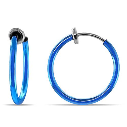 Clip On Spring Hoop Earrings for Non-Pierced Ears - color: Blue, size: 17mm