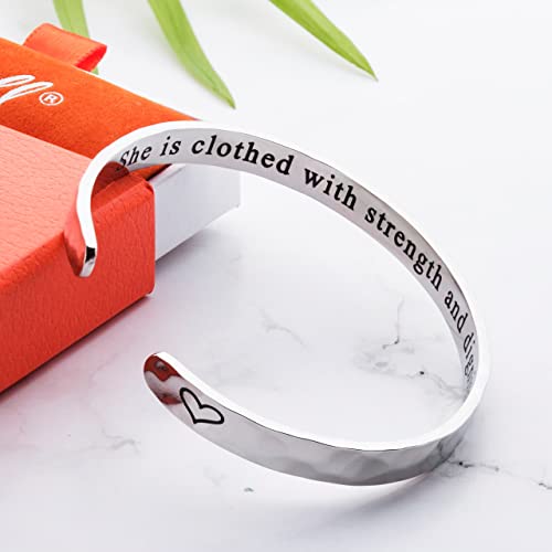 Bracelet - Gifts for Women – Inspirational, Friendships, Love, Mom, Daughters, Sisters, Christian, Graduations, Memorials & Wedding Gifts – 100+ Phrases – Stainless Steel, Gift Ready - color: CHRISTIAN GIFT - She is clothed with strength and dignity