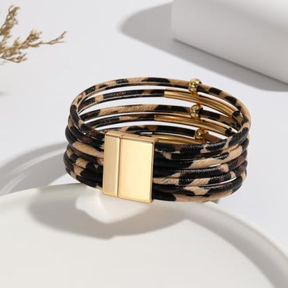 Colorful Leather Wrap Bracelets for Women Boho Handmade Multilayer Leopard Print Cuff Bangle Circle Charm Bracelets Bohemian Party Holiday Jewelry - color: Color 1