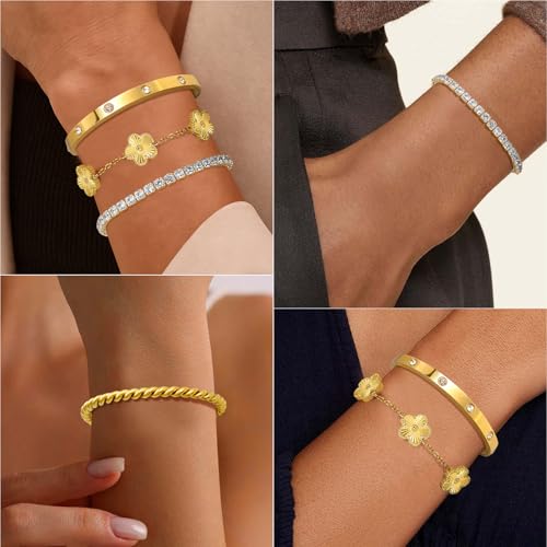 MOINSPIRE Gold Bracelets for Women, 18K Gold Plated Tennis Nail Clover love Bangle Bracelets Set Non Tarnish, Stainless Steel Trendy Stackable Bracelet Fashion Jewelry Accessories Gifts for Christmas - color: B1-Gold