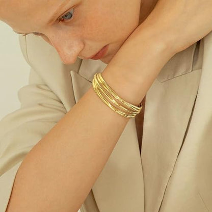 Chunky 14k Gold Cuff Bracelets for Women - Non Tarnish Teardrop Bangle Multi-layer Cross Wire Open Bracelets - color: 01 Gold-Wire Cuff Bracelets