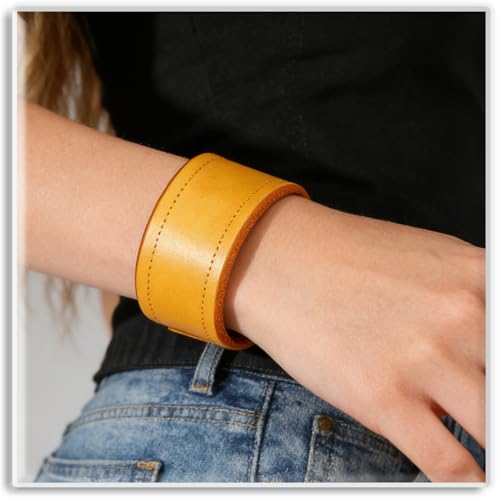 Xusamss Wide Leather Cuff Bracelet for Women Adjustable Punk Wristband Faux Leather Fashion Jewelry Bangle - color: Yellow
