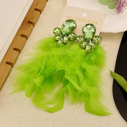 Long Feather Earrings for Women Bohemian Crystal Zirconia Dangle Feather Earrings Crystal Tassel Feather Earrings Wedding Halloween Prom Jewelry - color: Green