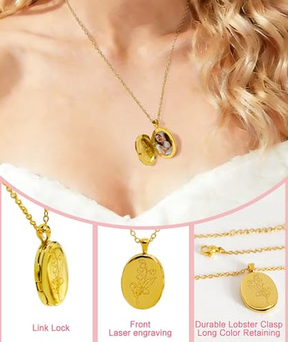 Personalized Locket Necklace for Women with Engraved Text & Picture | Custom Birthday Flower Locket Necklace Mothers Day Gift for Mom Mother Wife - color: Elliptic