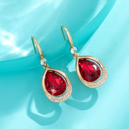Austrian Crystal Halo Teardrop Hollow Drop Dangle Earrings for Women 14K Rose Gold Plated Hypoallergenic Jewelry Gifts - color: Red