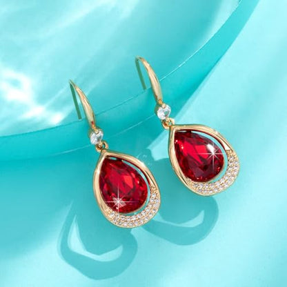Austrian Crystal Halo Teardrop Hollow Drop Dangle Earrings for Women 14K Rose Gold Plated Hypoallergenic Jewelry Gifts - color: Red