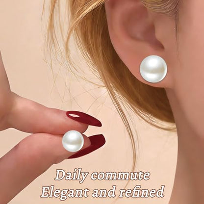 4 Pairs Pearl Stud Earrings - Hypoallergenic 14K Gold Plated 8mm-14mm Set Earrings for women Pearl Earrings Set for Sensitive Ears Classic Jewelry Gift for Birthday
