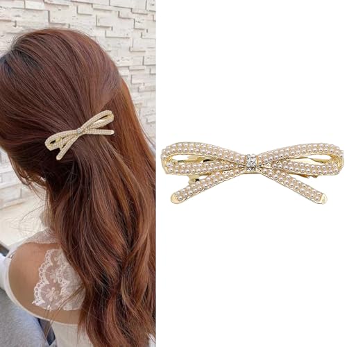 French Bow Crystal Rhinestone Bow-knot Pearl Hair Clips Barrette Hair Pin Hairpin Gold Pearl Accessories for Women Girls Bridal Wedding Prom - color: Pearl
