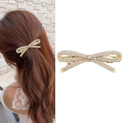 French Bow Crystal Rhinestone Bow-knot Pearl Hair Clips Barrette Hair Pin Hairpin Gold Pearl Accessories for Women Girls Bridal Wedding Prom - color: Pearl