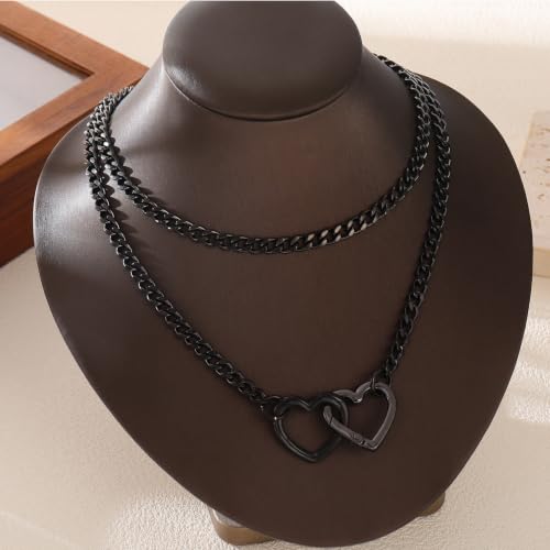 Heart Slip Chain Necklace for Women, 36 Inch Gothic Punk Cuban Chain, Removable Black Heart O-Ring, Detachable Heart Pendant, Adjustable Stainless Steel Y-Necklace. - color: Black Heart-1