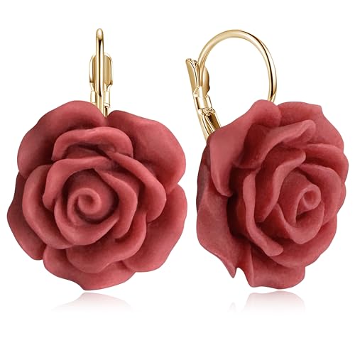 Handmade Bohemian Aesthetic Dainty Acrylic Flower Petal Leverback Earrings Sparkly 14K Gold Floral Dangle Drop Earrings for Women - color: Red