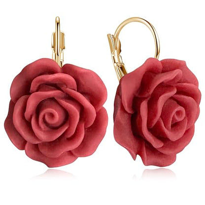 Handmade Bohemian Aesthetic Dainty Acrylic Flower Petal Leverback Earrings Sparkly 14K Gold Floral Dangle Drop Earrings for Women - color: Red
