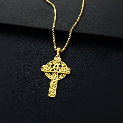 Celtic Cross Necklace For Men ，18K Gold Plated Celtic Cross Celtic Amulet Necklace Protection Jewelry Religious Gifts with 2.5mm 22"+2" Adjustable Rolo Chain - style: style6