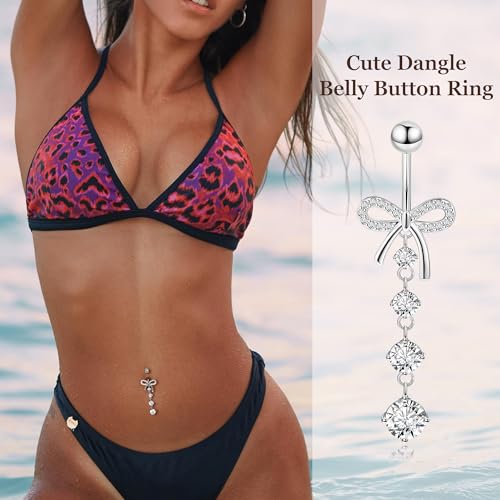 REVOLIA 14G F136 Titanium Dangle Belly Button Ring for Women Dangling Navel Ring Hypoallergenic Belly Ring Externally Threaded Barbell CZ Bow Navel Piercing Jewelry - color: Silver